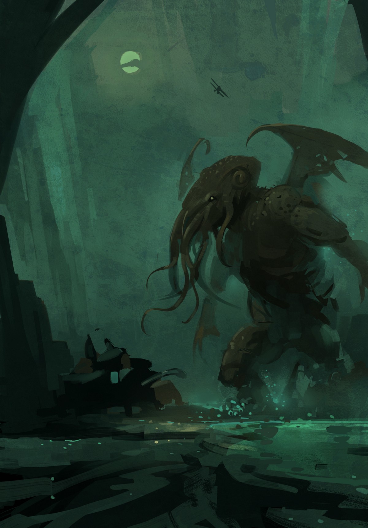 Minicuento lovecraftiano: Dormí y soñé. Ahora bien, mis sueños pronto se convirtieron en pesadillas preñadas de un horror indecible. Vi cómo nuestro plácido mundo era invadido por una jauría de seres abominables, que arrasaban sin razón ni misericordia todo lo encontraban. La vida y la belleza del mundo desaparecían a su paso, pero ellos seguían adelante en su locura destructora, sin mostrar compasión ni remordimientos, convirtiendo los bosques en desiertos y los mares en sumideros. Incapaz de soportar unas
